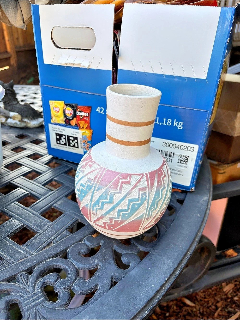 Raku Geometric Painted Vase in White & Pink